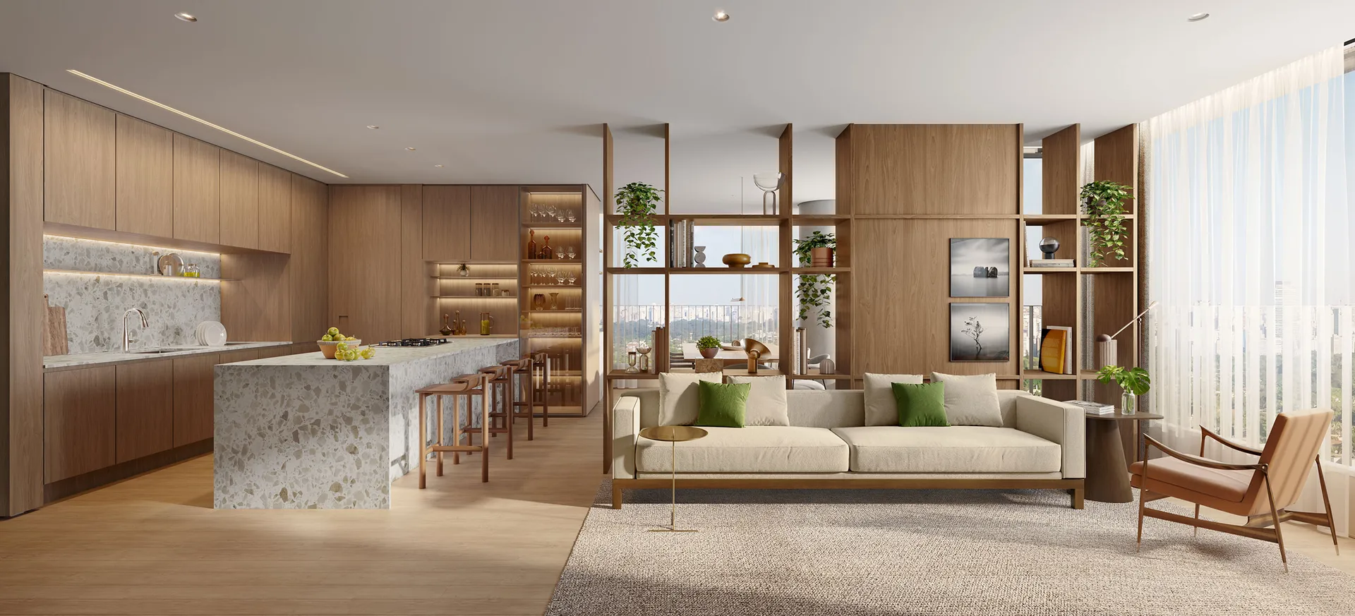 Perspectiva ilustrativa do apartamento decorado de 98,92 m² do Platz450, com living integrado à varanda nivelada e decoração assinada por Flávia Romi