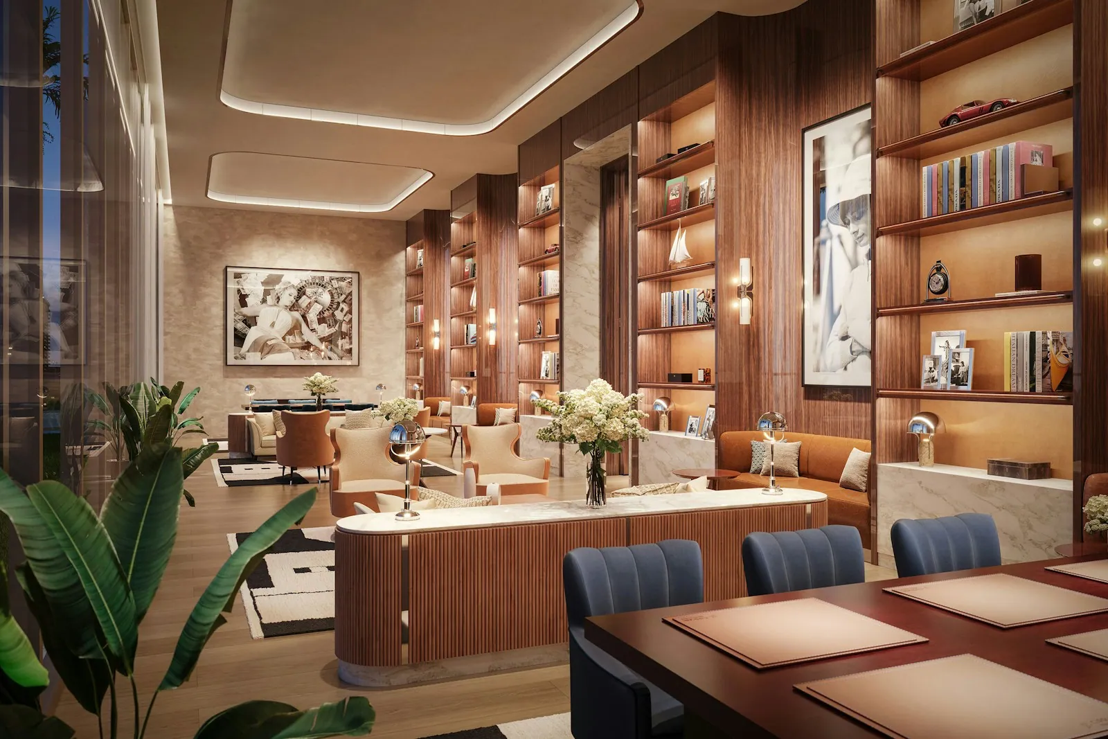 Library and games room with warm wood detailing at Cipriani Residences Miami