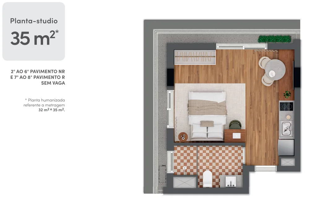 Planta do studio de 35 m² do Oliie 117, com ambiente integrado, cozinha e banheiro