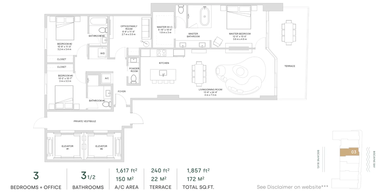 Aria Reserve Miami floor plan — Panoramic Residence with three bedrooms plus office