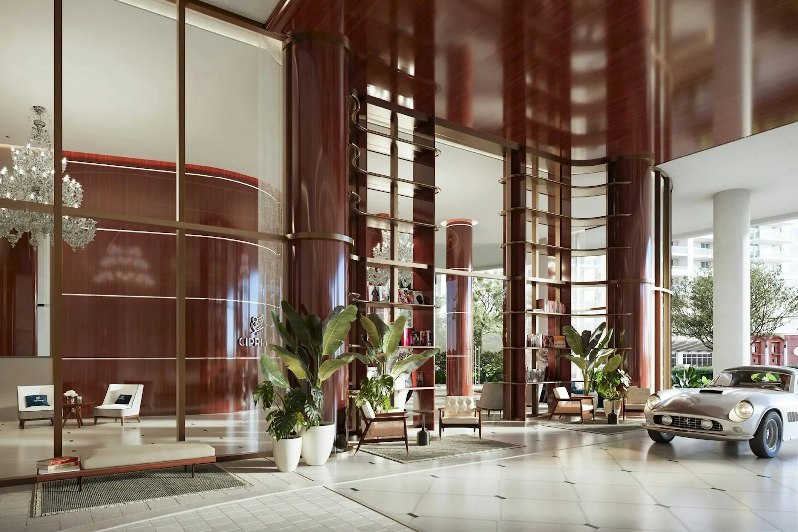 Double-height glass lobby of the Cipriani tower Miami seen from the garden