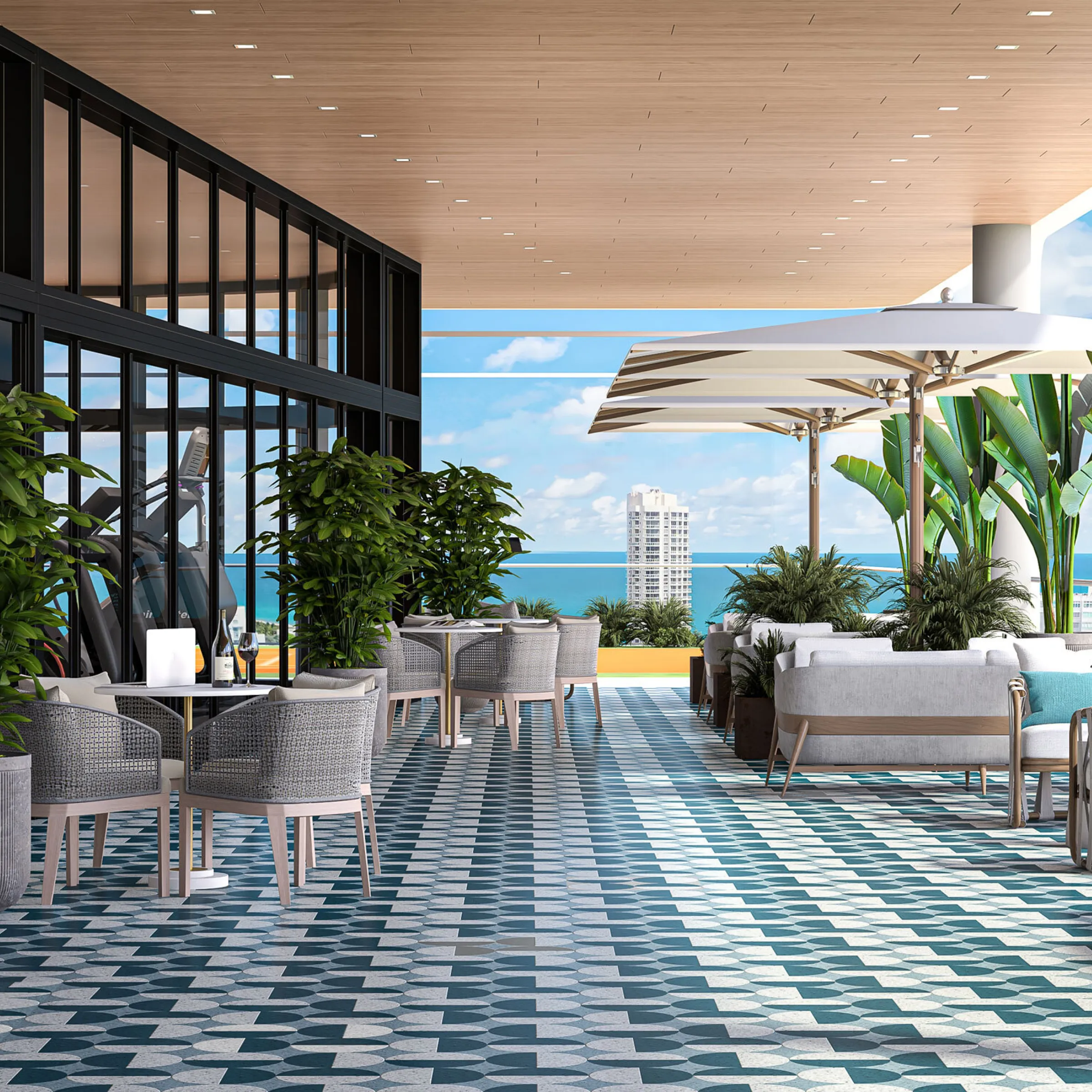 Rooftop terrace at Ella Miami Beach with ocean, bay and city views