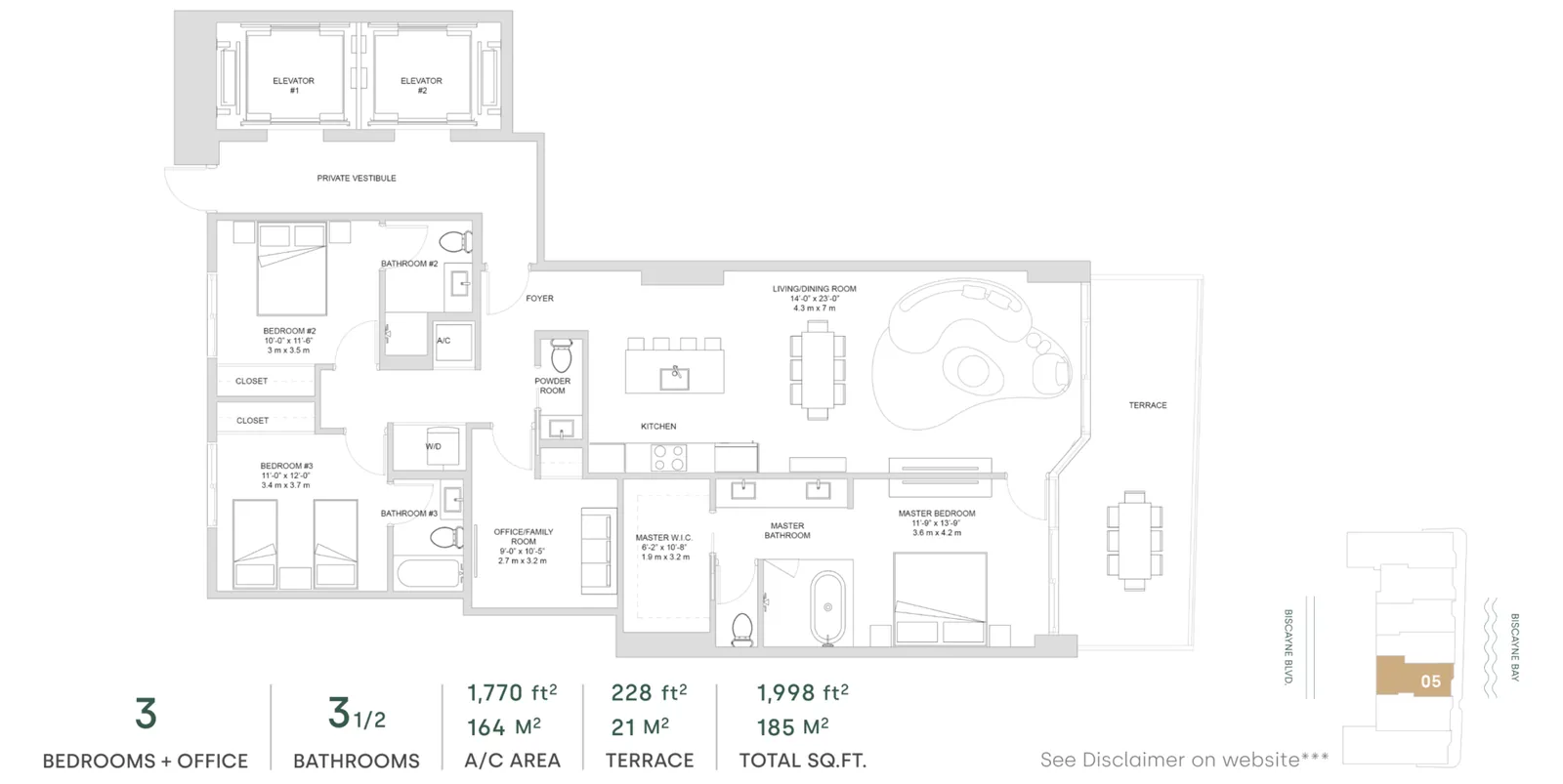 Aria Reserve Miami floor plan — Skyview Villa with three bedrooms plus office