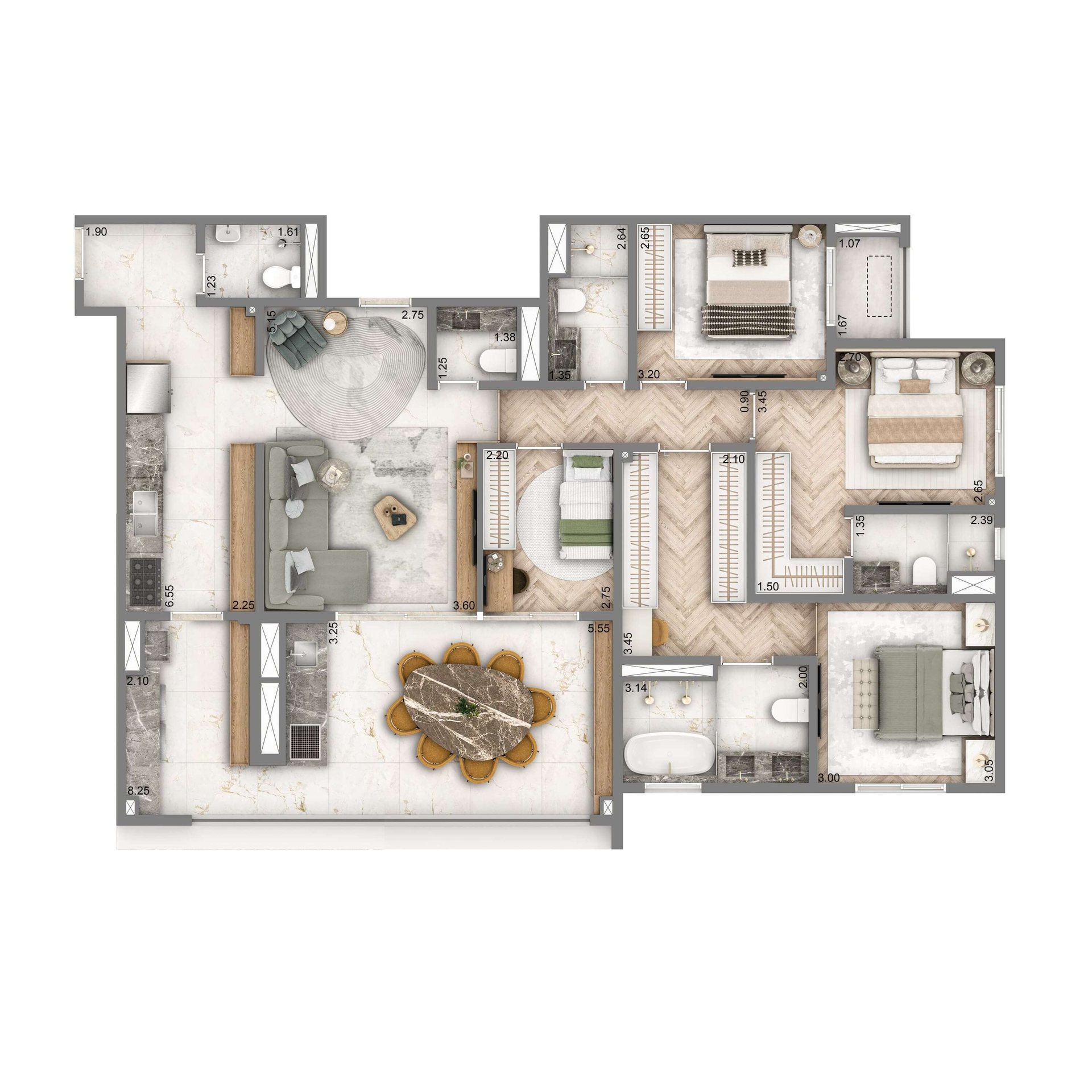 Planta opção de 140 m² do Wellness Chácara Santo Antônio, com 4 dormitórios sendo 2 suítes e 2 vagas