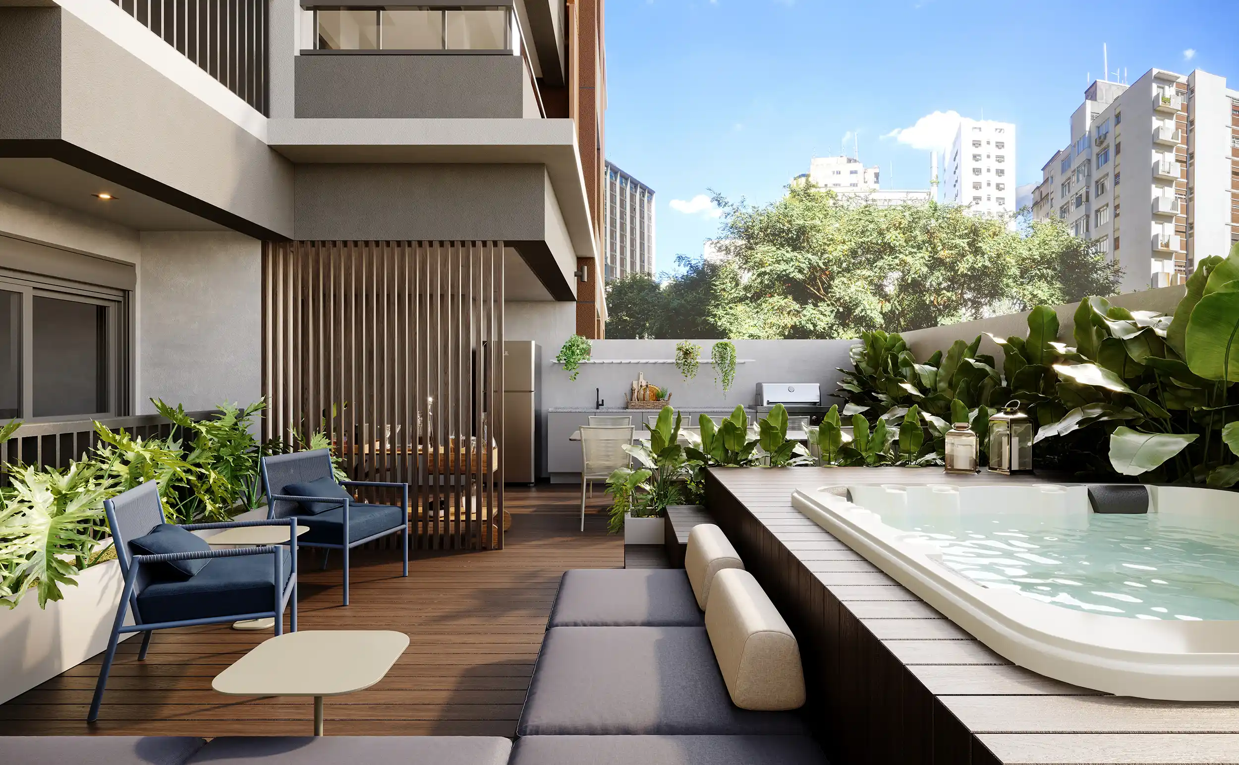 Terraço de uma unidade giardino do MAC Pinheiros no segundo pavimento, com área externa privativa, deck e mobiliário de jantar