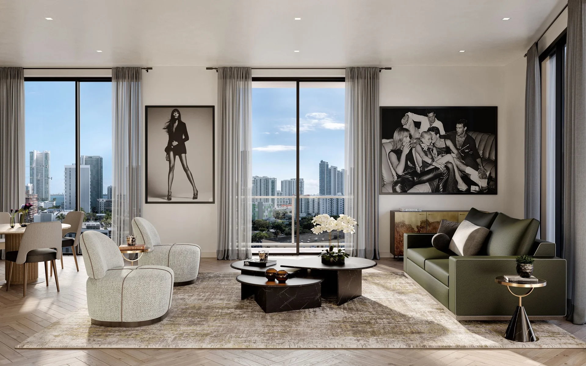 Fully furnished living room at The Rider Wynwood