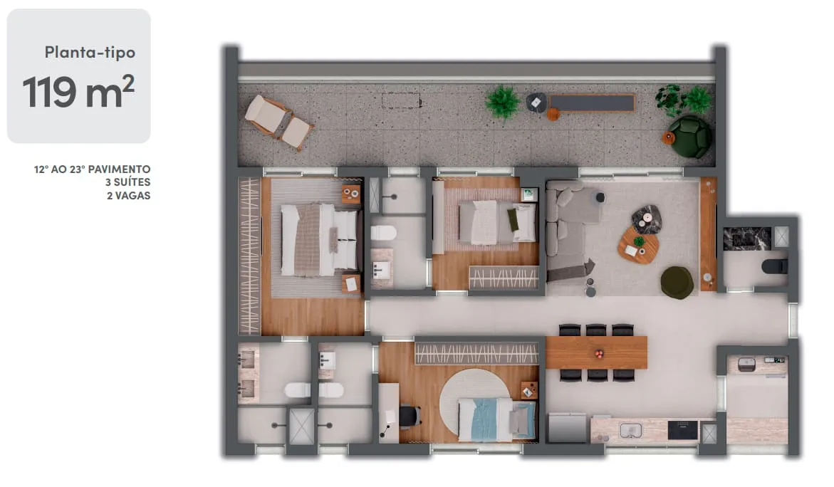 Planta do apartamento tipo de 119 m² do Oliie 117, a maior metragem do empreendimento, com três suítes