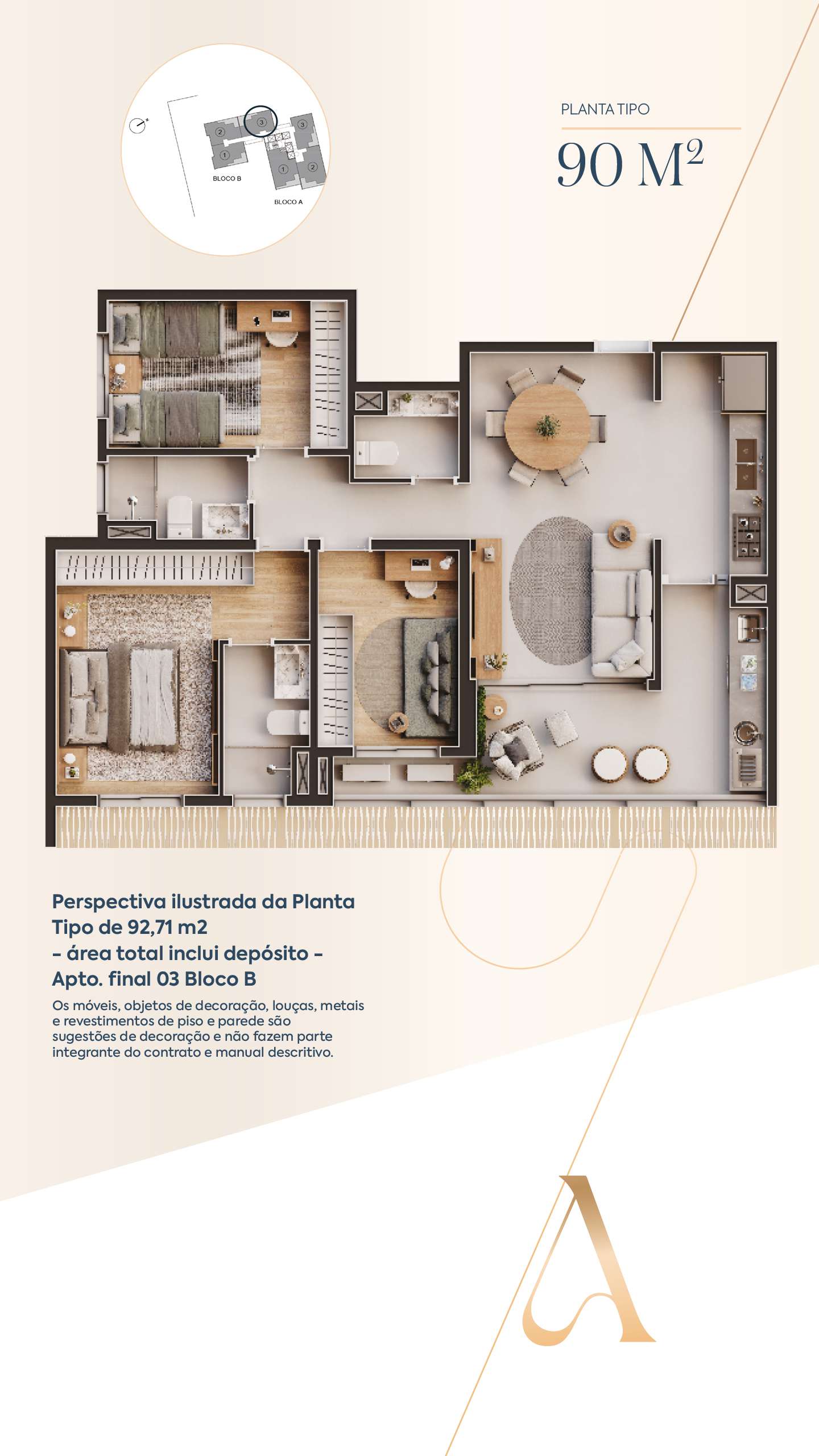 Planta de 90 m² do Bloco B — Apartamento 03 do Amáz Alphaville