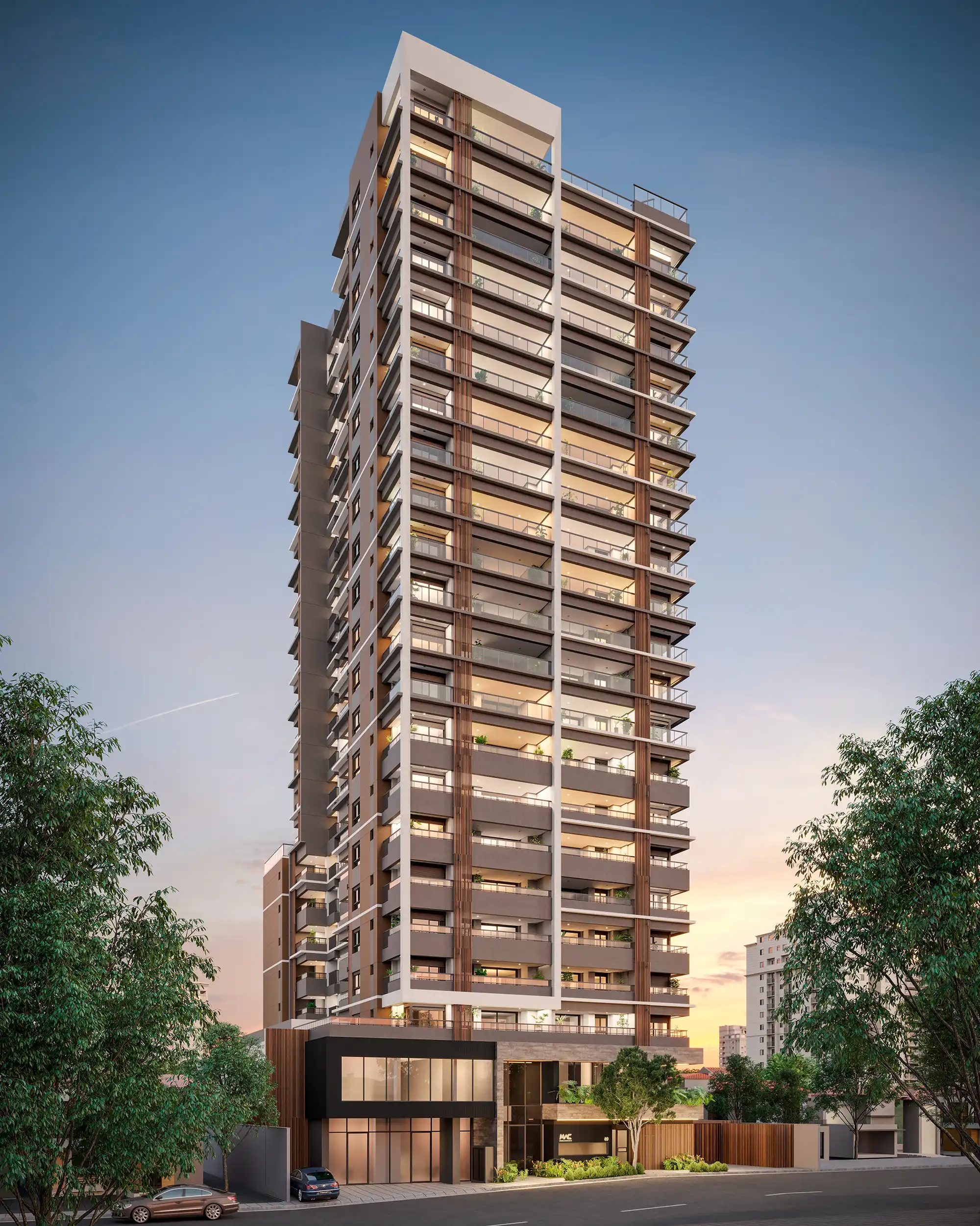 Perspectiva da fachada frontal do MAC Pinheiros, edifício residencial em Pinheiros com varandas em vidro, revestimento claro e árvores na calçada