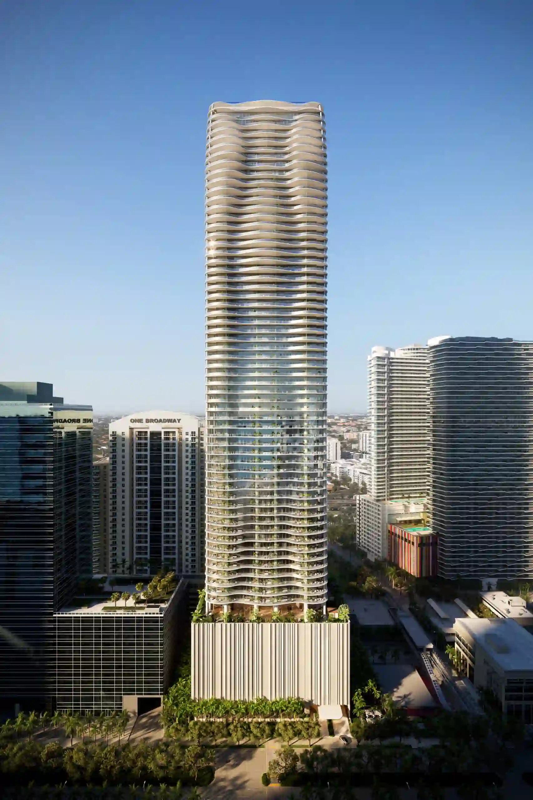 1428 Brickell tower rising over the Brickell skyline in Miami — artistic rendering