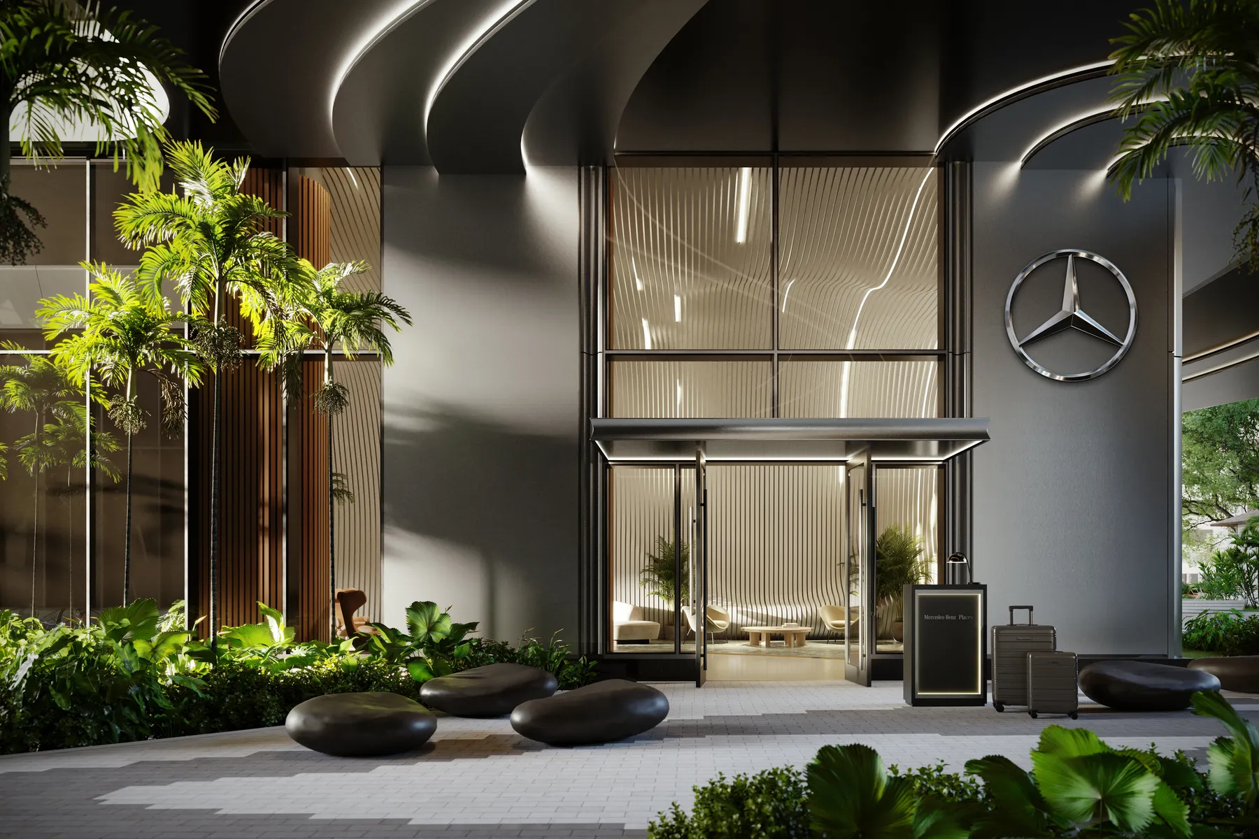 Lobby exterior and garden arrival area of Mercedes-Benz Places Miami in Brickell