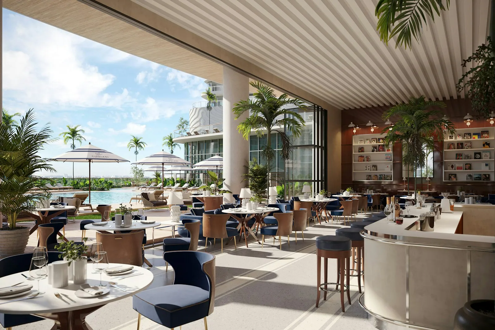 Private dining by Cipriani opening to the pool deck at Cipriani Residences Miami