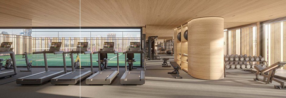 Fitness center com vista panorâmica do Autór Jardins, com esteiras voltadas para a cidade