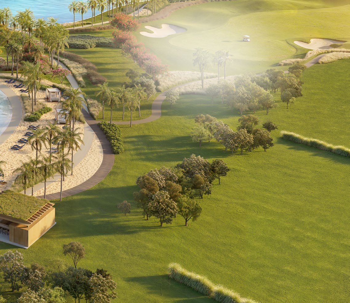 Vista aérea panorâmica do clubhouse, da lagoa cristalina e do campo de golfe do Heritage Riviera Porto Feliz