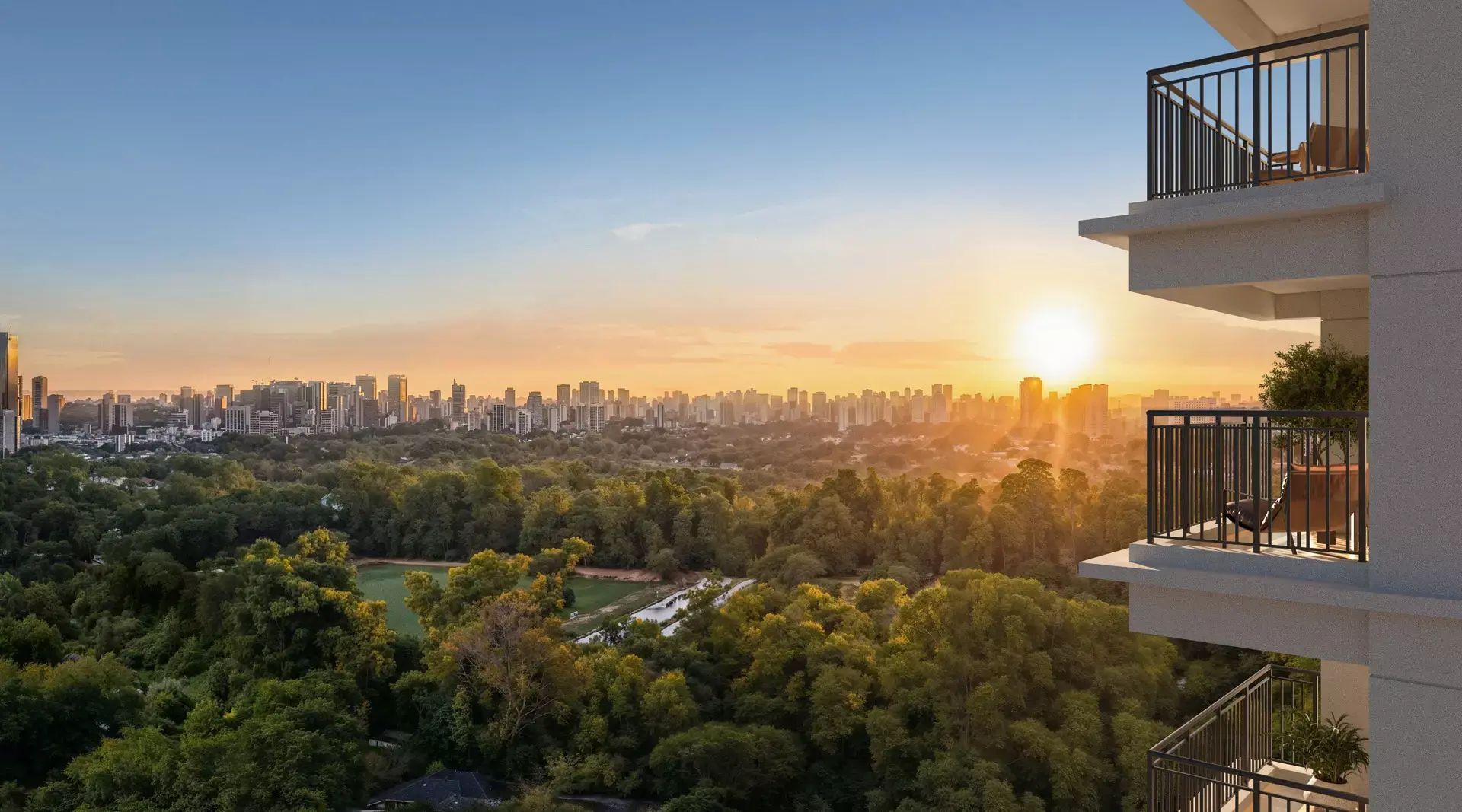 Vista panorâmica do pôr do sol a partir da varanda de um apartamento do Jardim da Hípica Lavvi, com o skyline de São Paulo e a área verde do Clube Hípico
