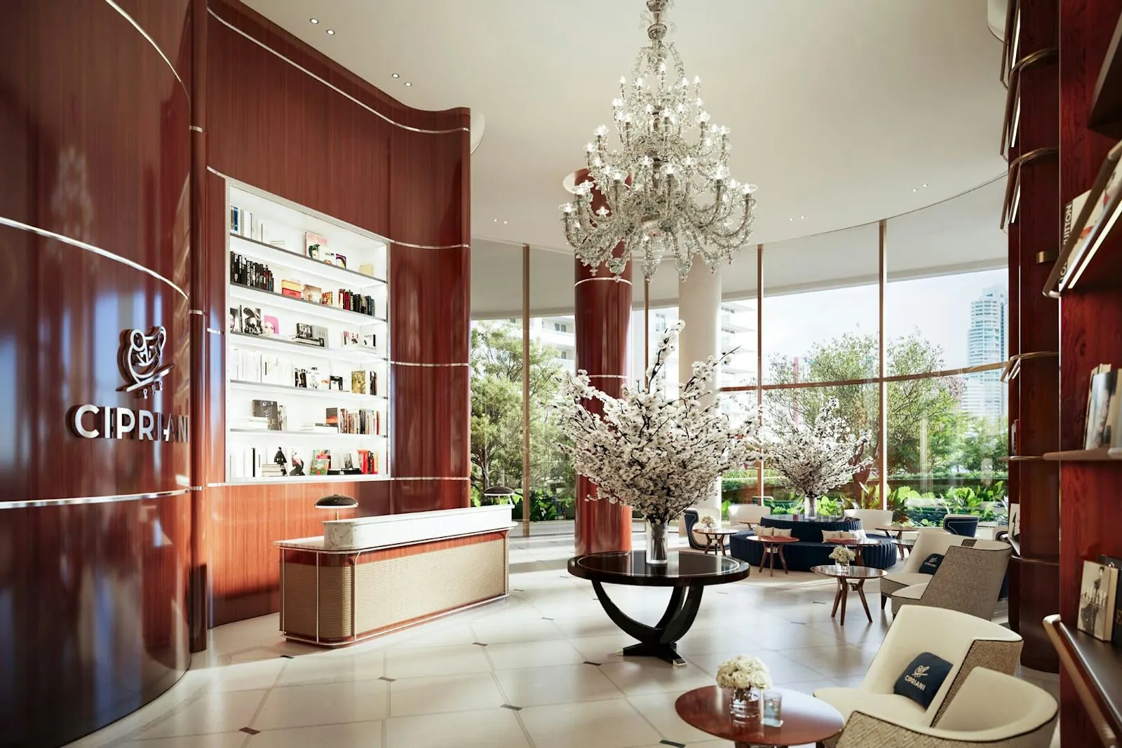 Lobby of Cipriani Residences Miami with warm wood, chandelier and lounge seating