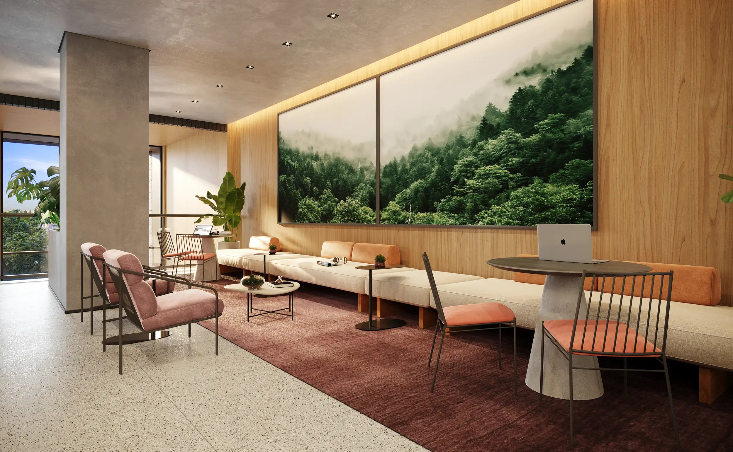 Coworking do MAC Pinheiros no primeiro pavimento, com bancadas de trabalho compartilhadas, cadeiras ergonômicas e sala de reunião fechada em vidro