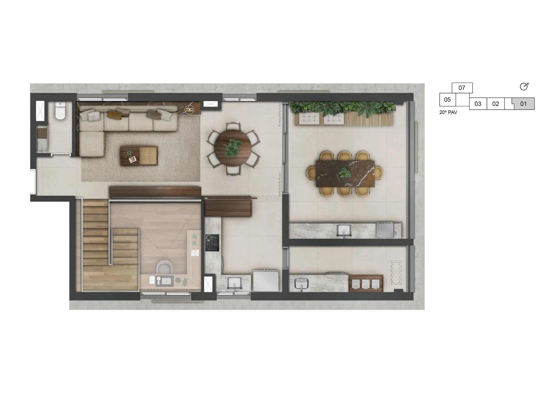 Planta do pavimento superior do apartamento duplex de 167 m² do 1800 Oscar Pinheiros