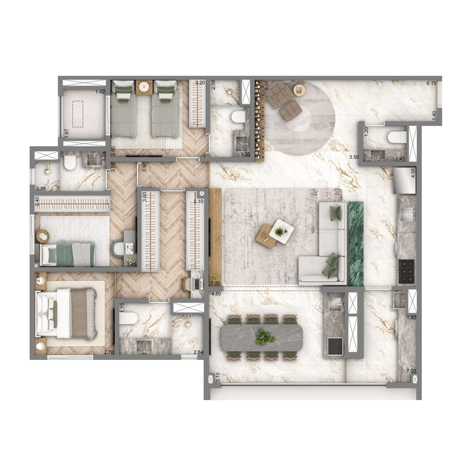 Planta padrão de 128 m² do Wellness Chácara Santo Antônio, com 3 suítes, living integrado à varanda e 2 vagas