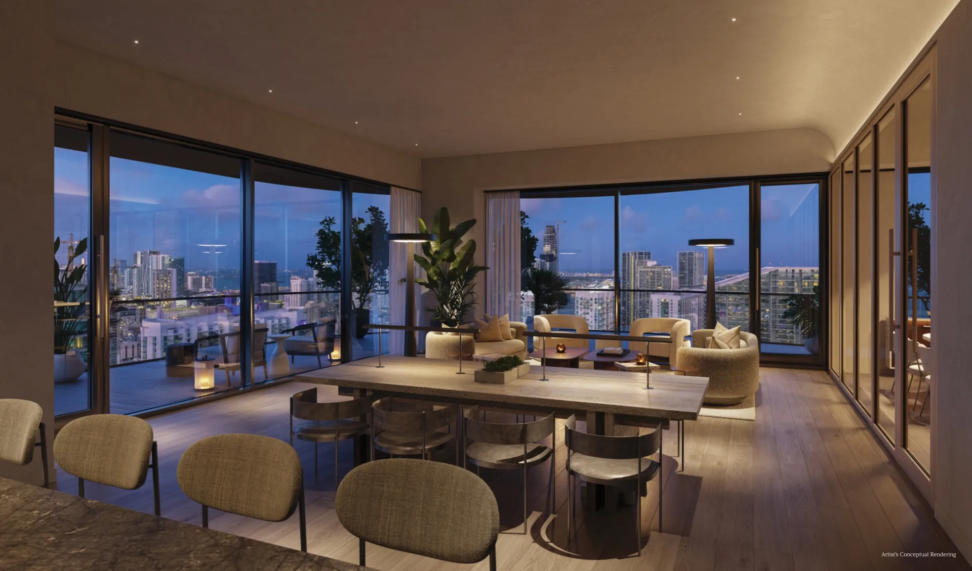 Interior of a LOFTY Brickell residence at night with floor-to-ceiling windows