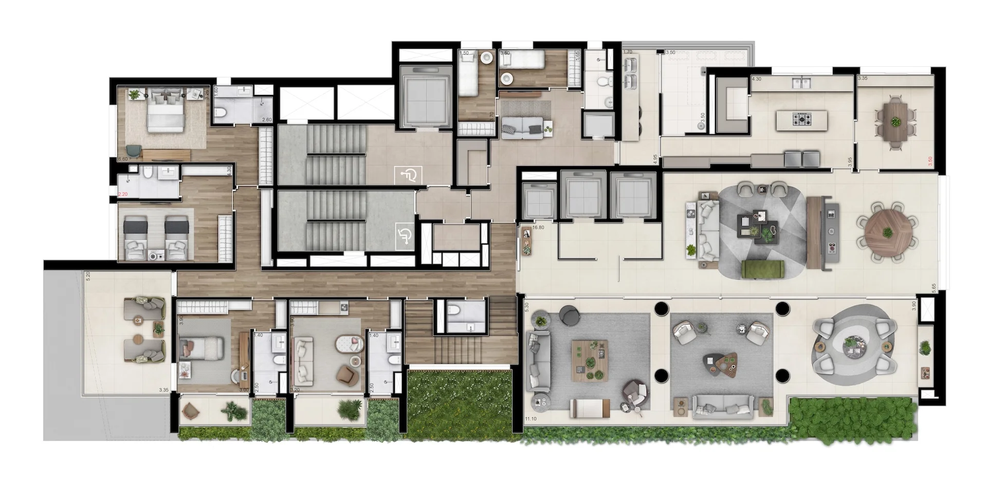 Planta da cobertura duplex de 923 m², pavimento inferior, do Bueno Brandão 257