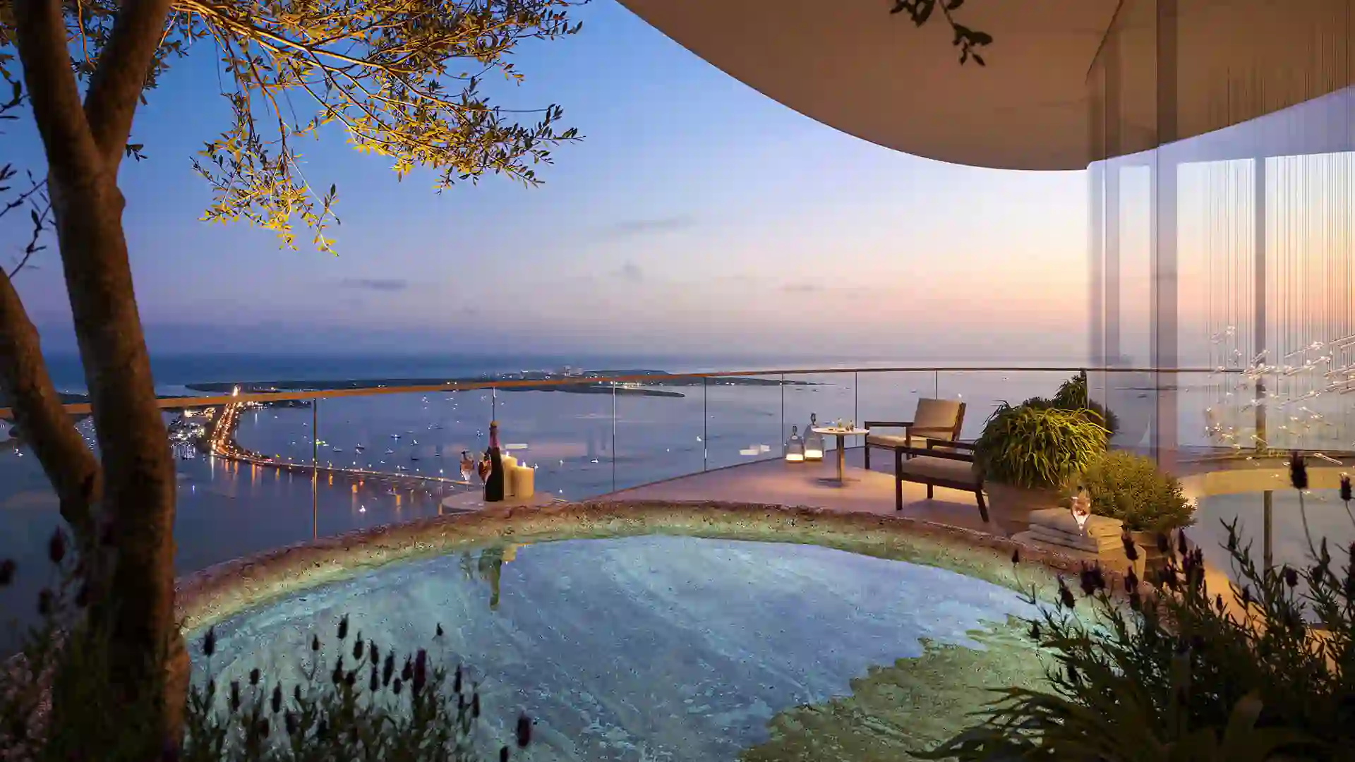 Private terrace of a penthouse residence at 1428 Brickell overlooking the bay