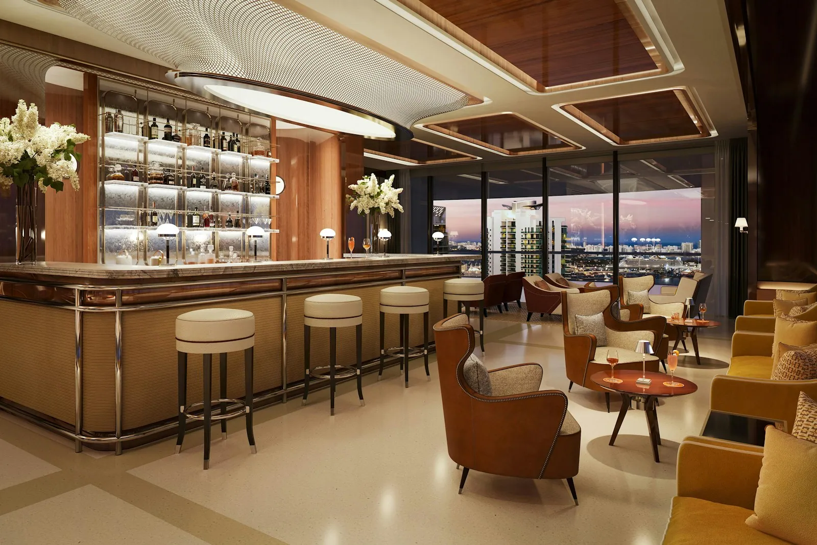 Bar and social lounge overlooking the skyline at Cipriani Residences Miami