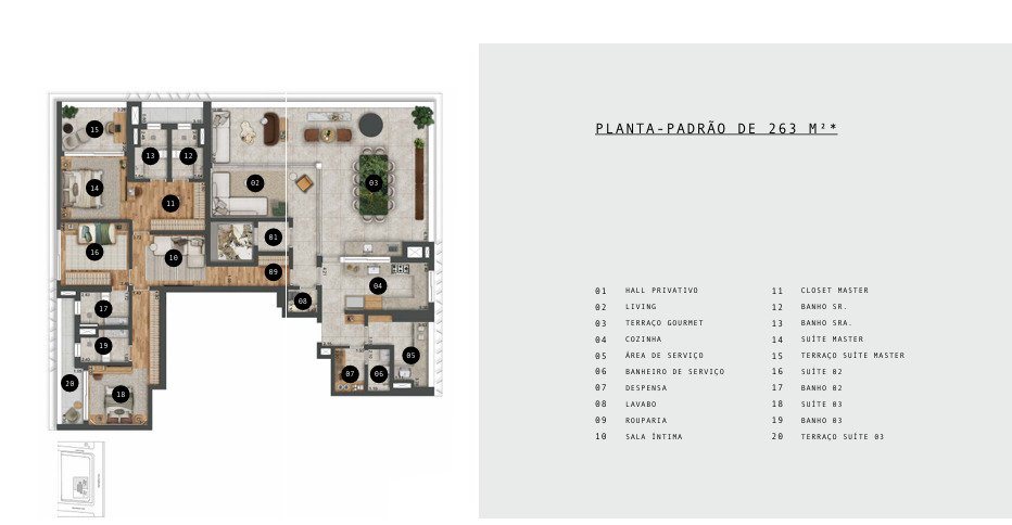 Planta padrão de apartamento do Autór Jardins, do material oficial do empreendimento