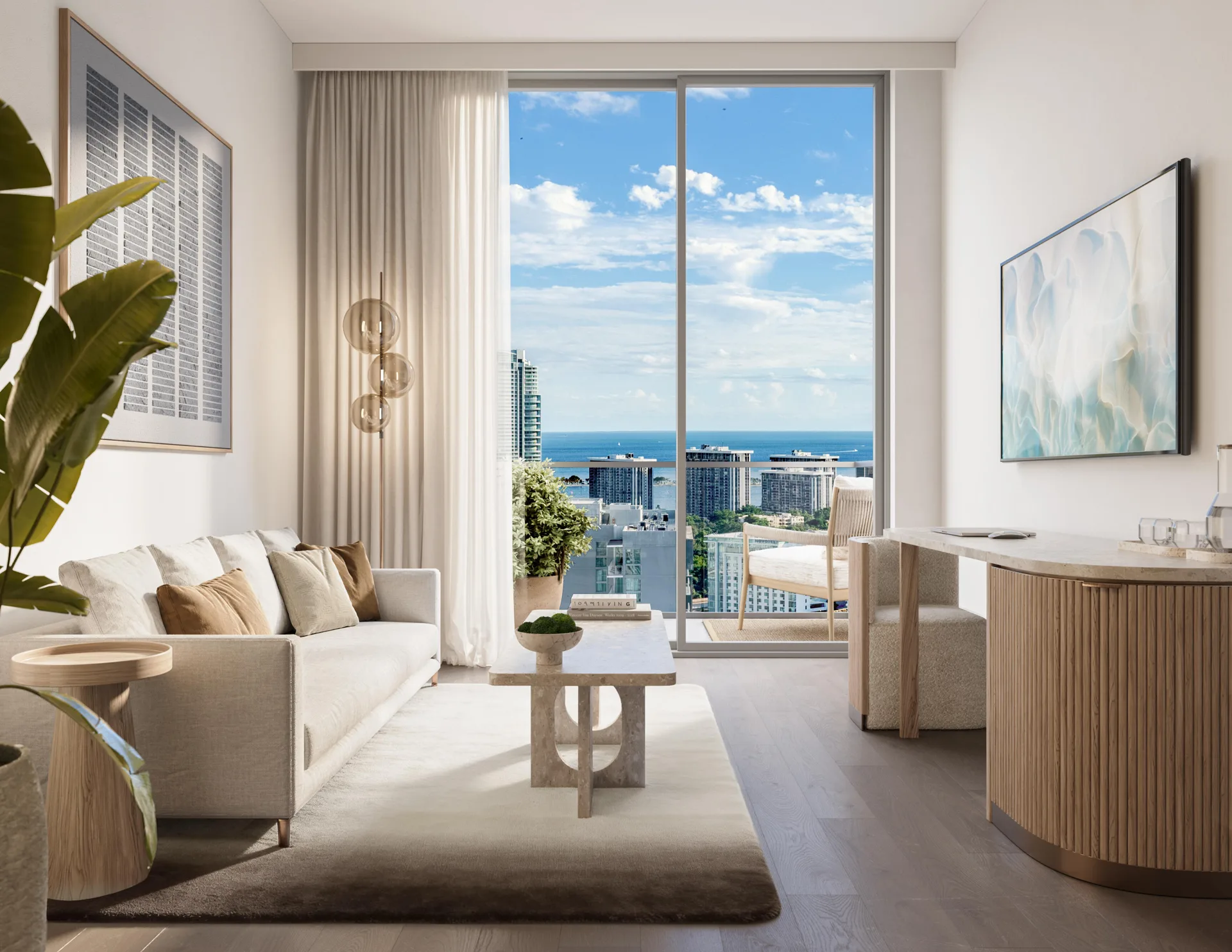 Living room of a residence at House of Wellness Brickell with city and bay views