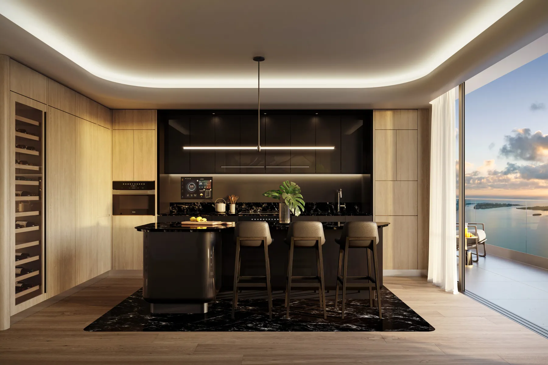 Kitchen of a Mercedes-Benz Places Miami residence with marble detailing and bay views