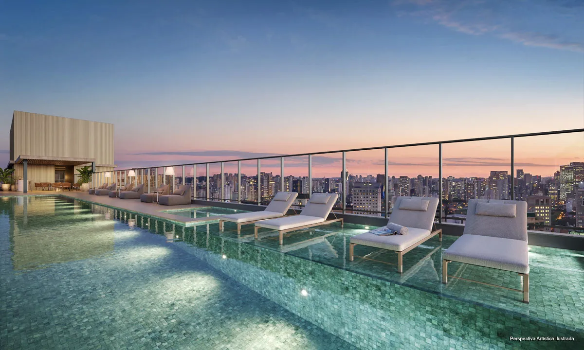 Perspectiva ilustrativa da piscina do rooftop do 1800 Oscar Pinheiros, com raia de 25 metros, deck e vista para São Paulo