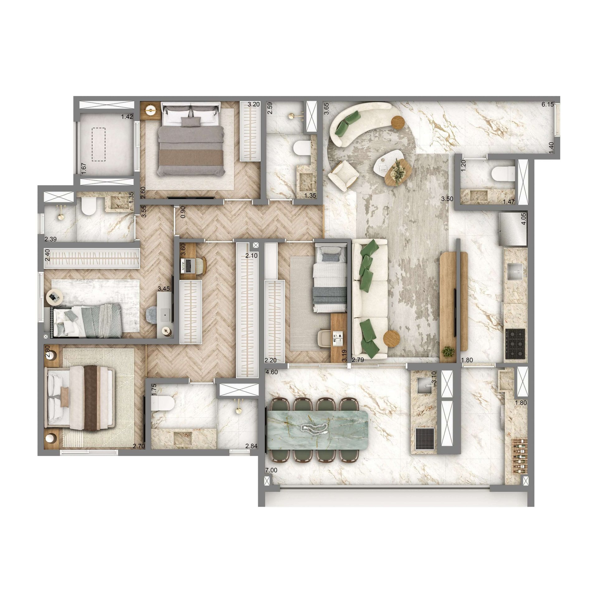 Planta opção de 128 m² do Wellness Chácara Santo Antônio, com 4 dormitórios sendo 2 suítes e 2 vagas