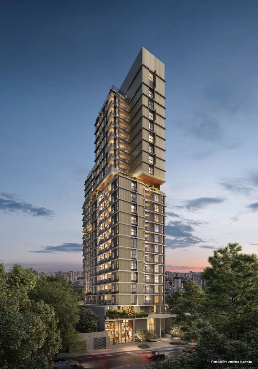 Perspectiva ilustrativa da fachada noturna do 1800 Oscar Pinheiros, torre única de 23 andares iluminada na Rua Oscar Freire, em Pinheiros, São Paulo