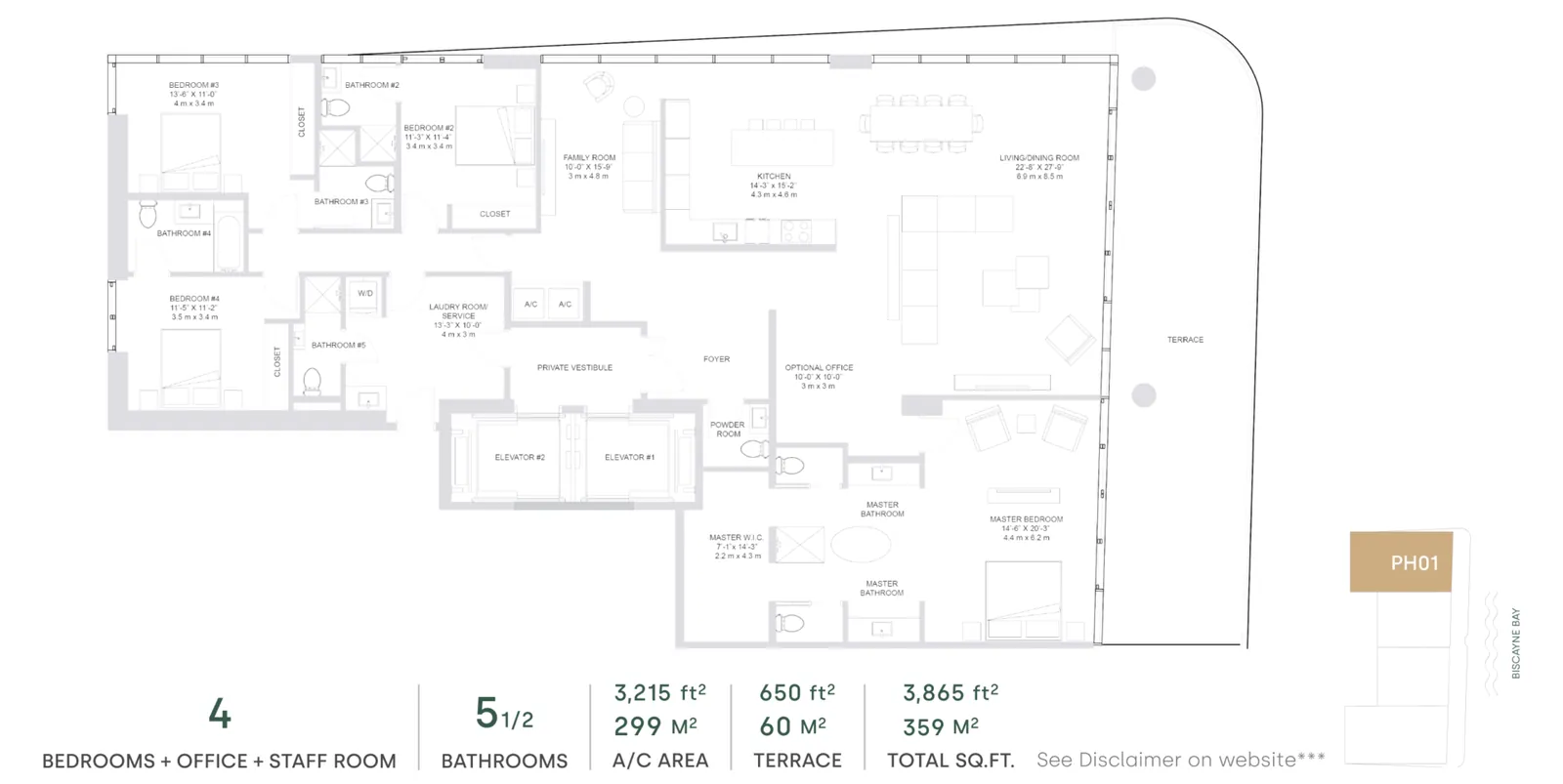 Aria Reserve Miami floor plan — Penthouse Residence with four bedrooms, office and staff room