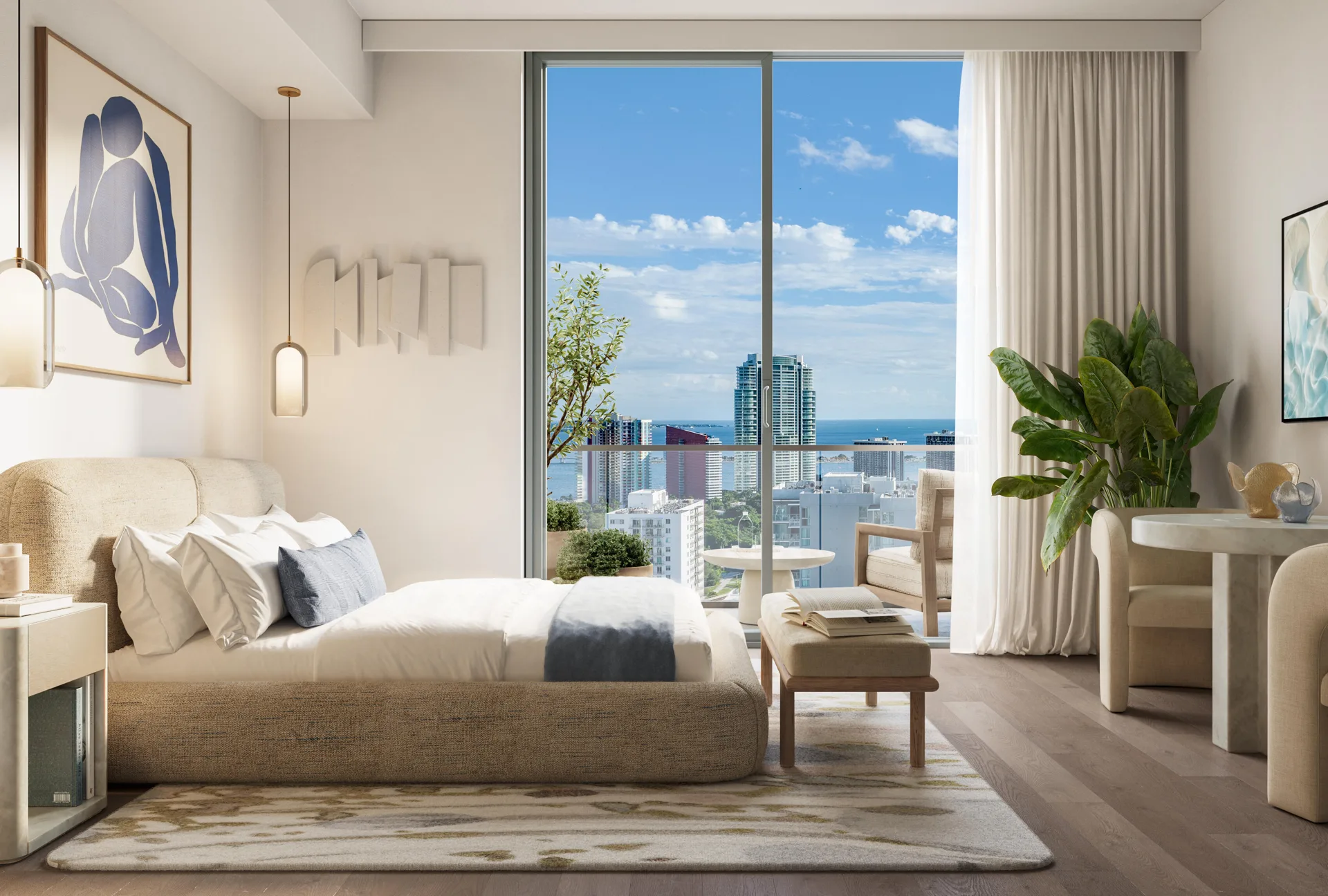 Bedroom of a residence at House of Wellness Brickell with floor-to-ceiling windows