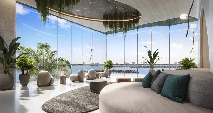 Sky-level lounge framing Biscayne Bay at Aria Reserve Miami