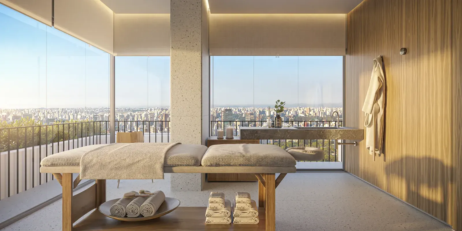 Spa e sala de massagem do VISAR Jardim Europa, com maca e acabamentos em madeira