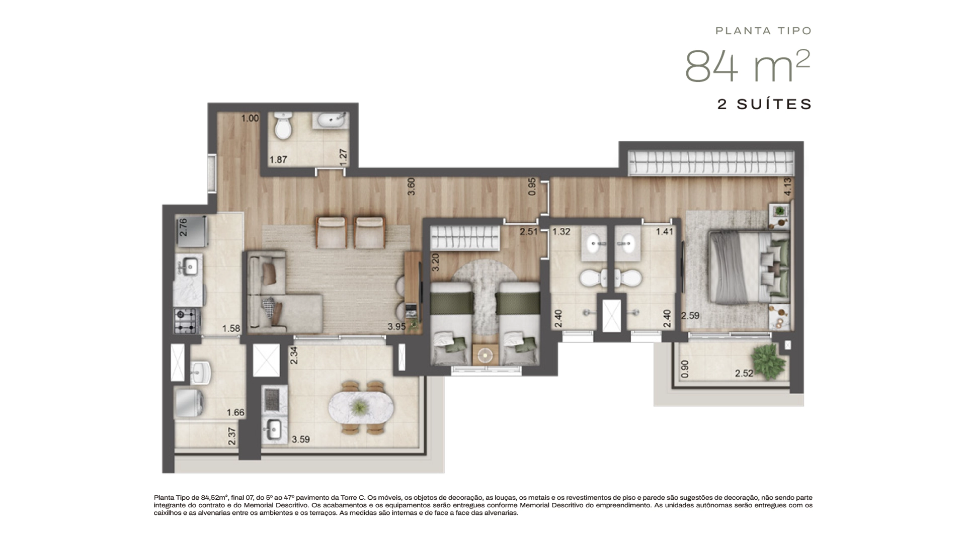 Planta tipo de 84 m² com 2 suítes do condomínio Jardim da Hípica, em Santo Amaro