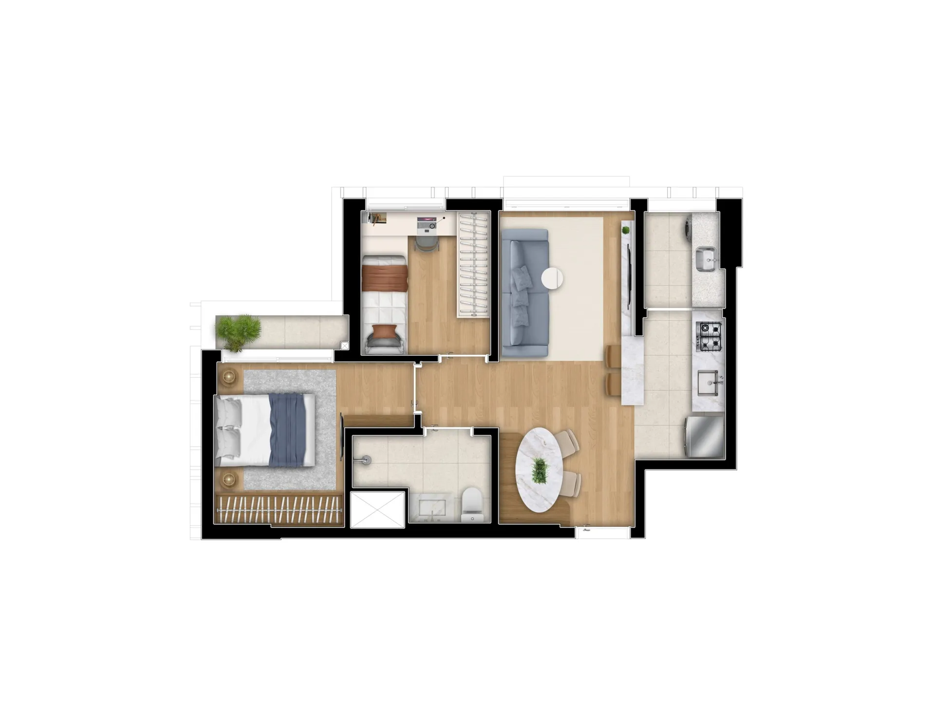 Planta oficial da tipologia NR do Artur 73, apartamento de 52 m² com 2 dormitórios, cozinha integrada e 1 vaga privativa