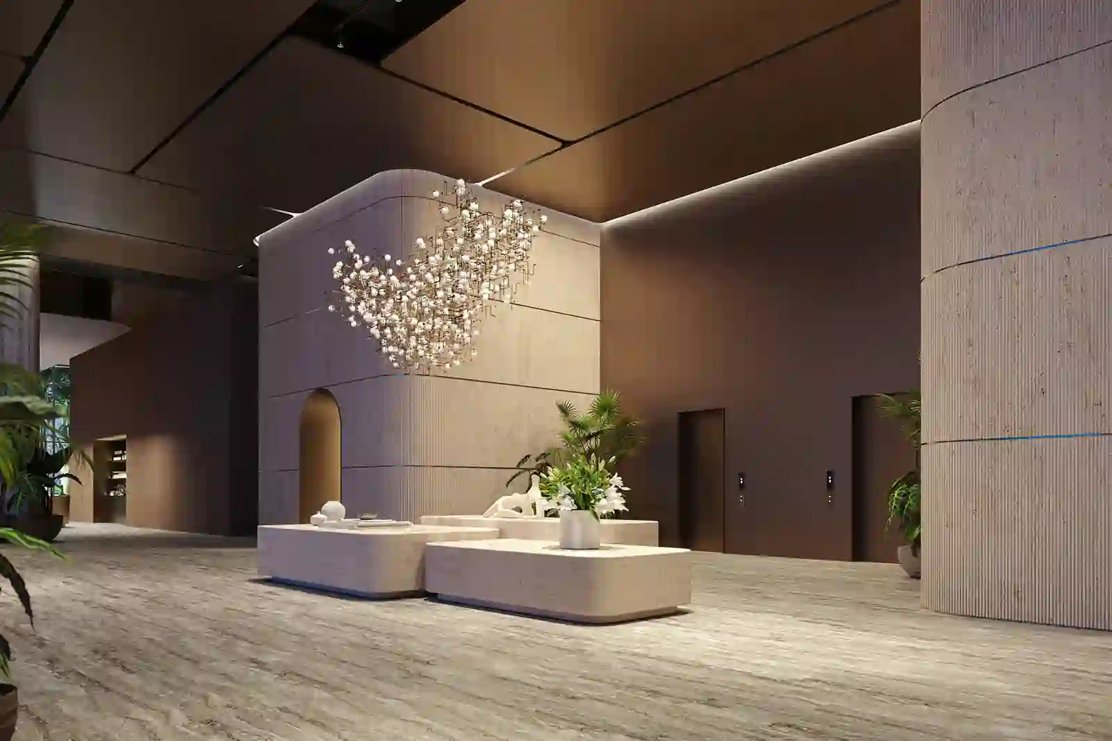 Double-height arrival lobby at 1428 Brickell reserved for residents