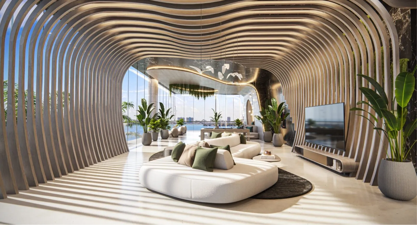 Sculptural sky lounge entrance of the Aria Reserve SkyClub at Aria Reserve Miami