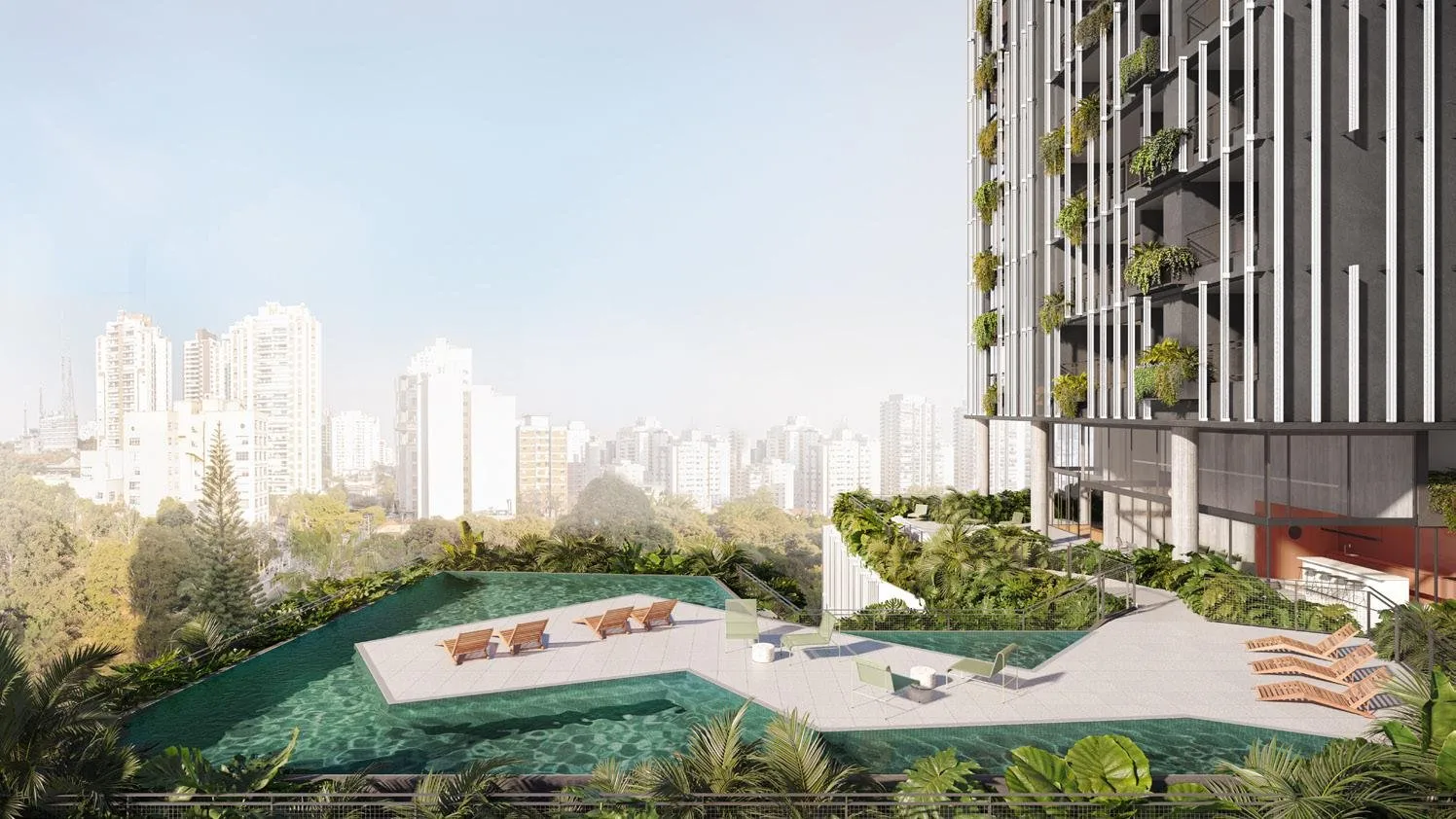 Piscina do Oscar 2525 com deck panorâmico, espreguiçadeiras e vista aberta da cidade de São Paulo a partir do espigão de Pinheiros