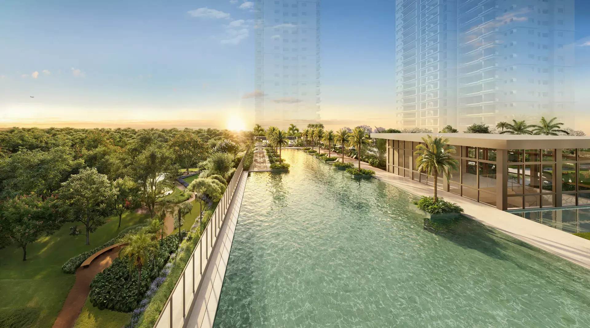 Vista aérea da piscina com raia de 60 metros do Jardim da Hípica Lavvi, voltada para a área verde do Clube Hípico Santo Amaro