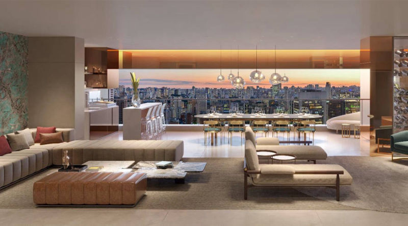 Perspectiva ilustrada do living da unidade de 217 m² do Oscar Freire 1560