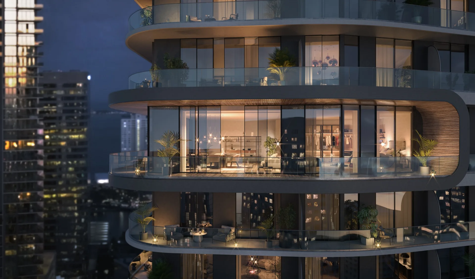 Evening view from a LOFTY Brickell terrace over the Miami skyline