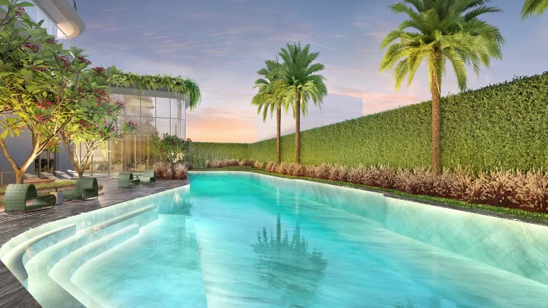 Piscina descoberta do Epic Jardim Europa, com deck e espreguiçadeiras