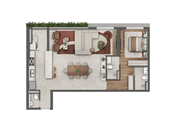 Planta ilustrada de apartamento de 93 m² do Alma Pinheiros com 1 suíte de banheiro sr./sra. e living ampliado voltado para a varanda
