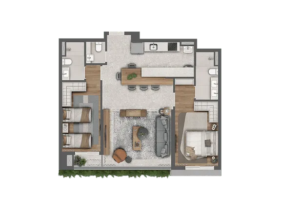 Planta ilustrada de apartamento de 85 m² do Alma Pinheiros na configuração de 2 suítes, com cozinha integrada ao living e varanda