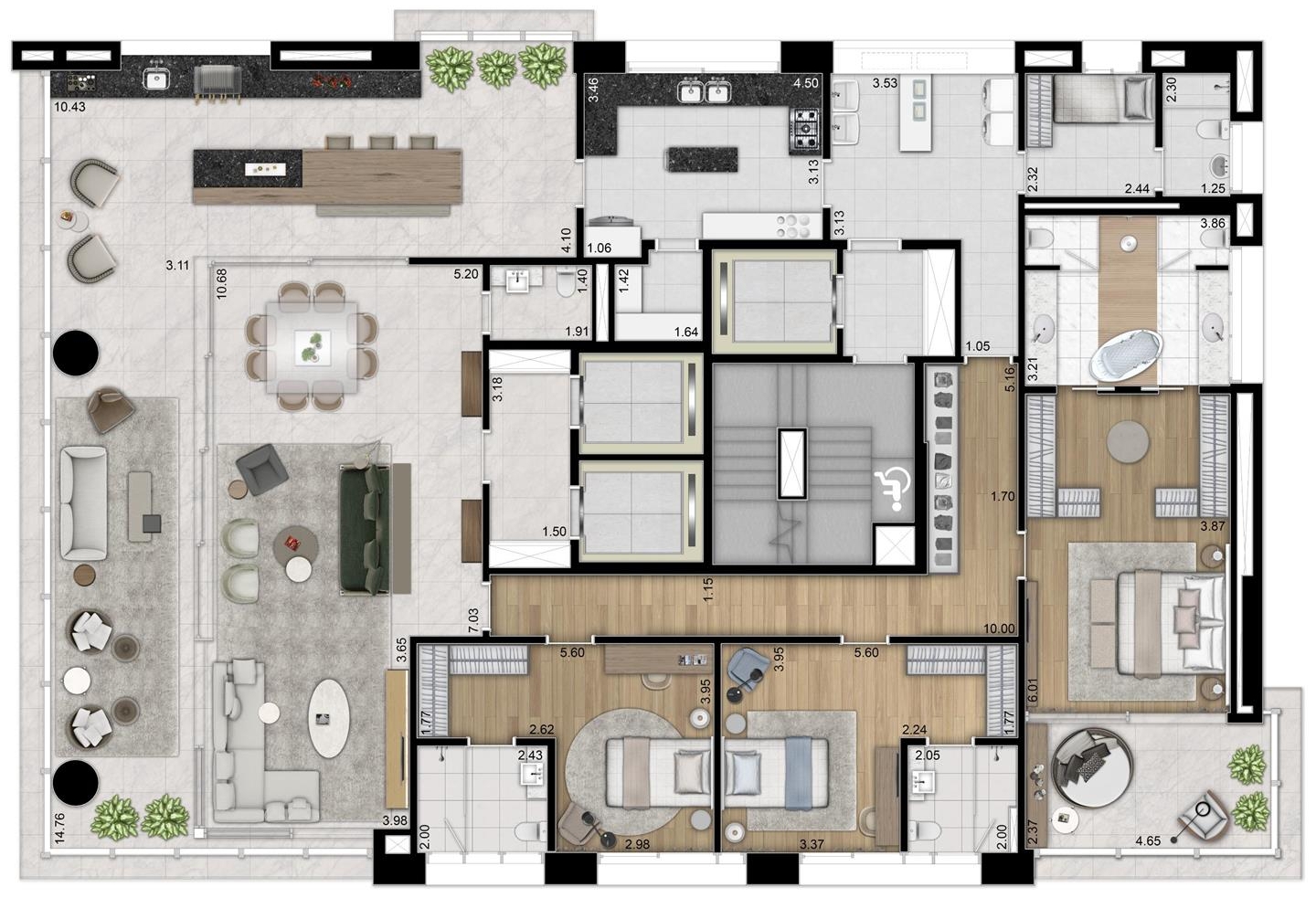 Planta de apartamento do Casa Leopoldo, com living amplo, cozinha e suítes, no Itaim Bibi
