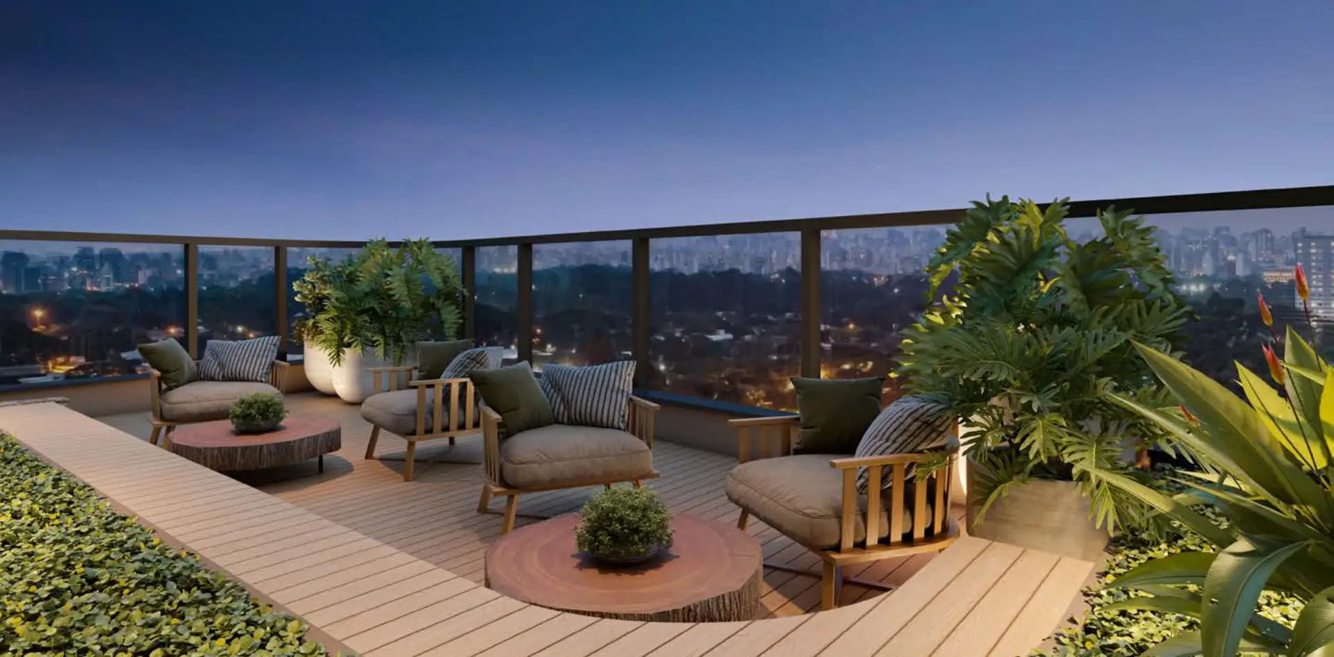 Perspectiva artística do estar externo do Bioarq Pinheiros, com poltronas e vegetação, voltado para a vista do Jardim Paulistano